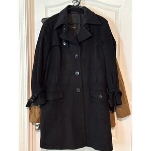CINQUE Black Wool Trench Coat Jacket Womens Button Up Classic Long